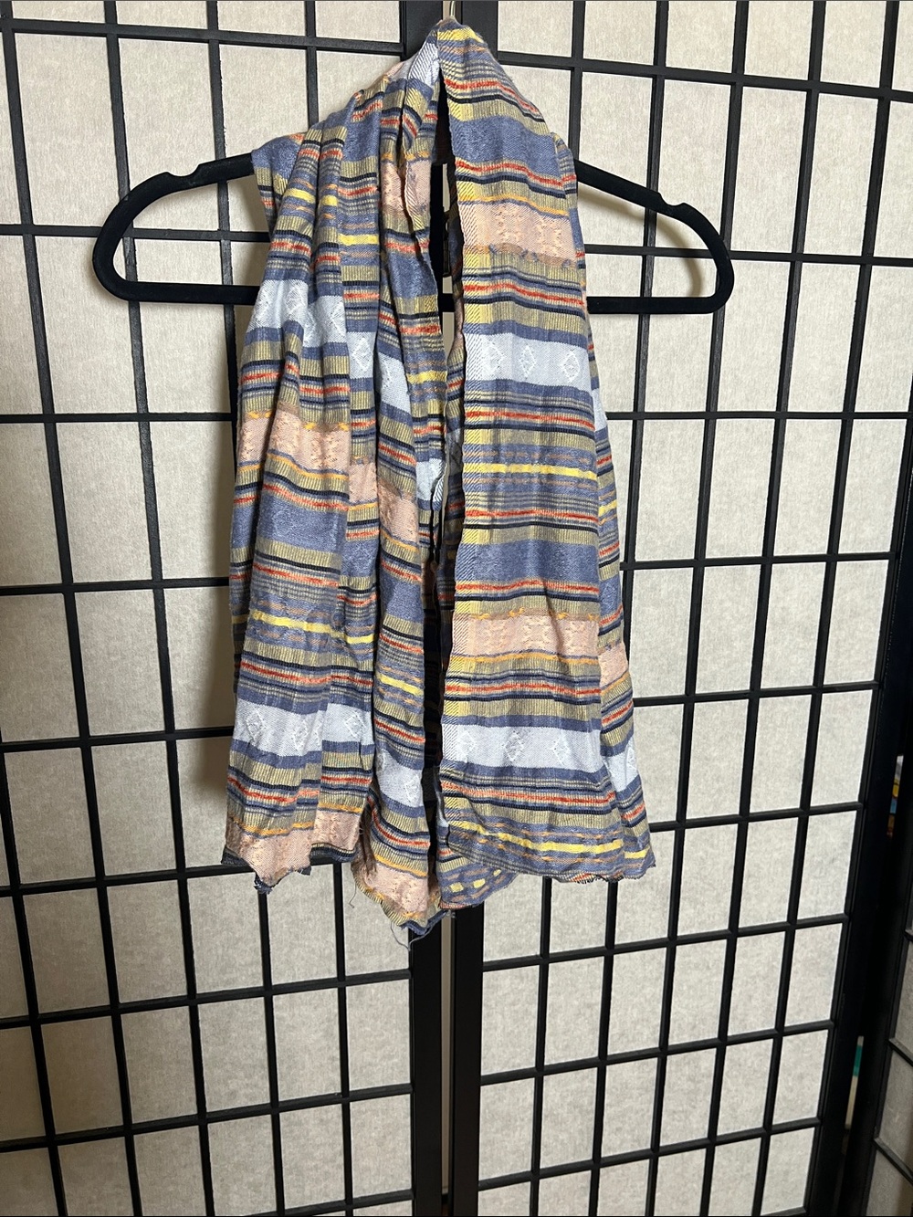Striped Multicolor Knit Scarf - Blue, Tan, Yellow